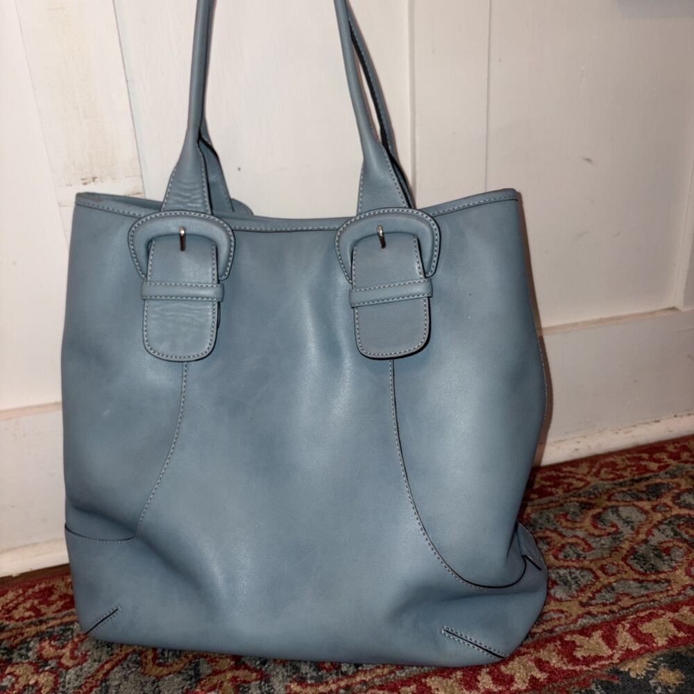 COLE HAAN Dusty blue leather buckle satchel tote purse Vintage Y2K Coastal